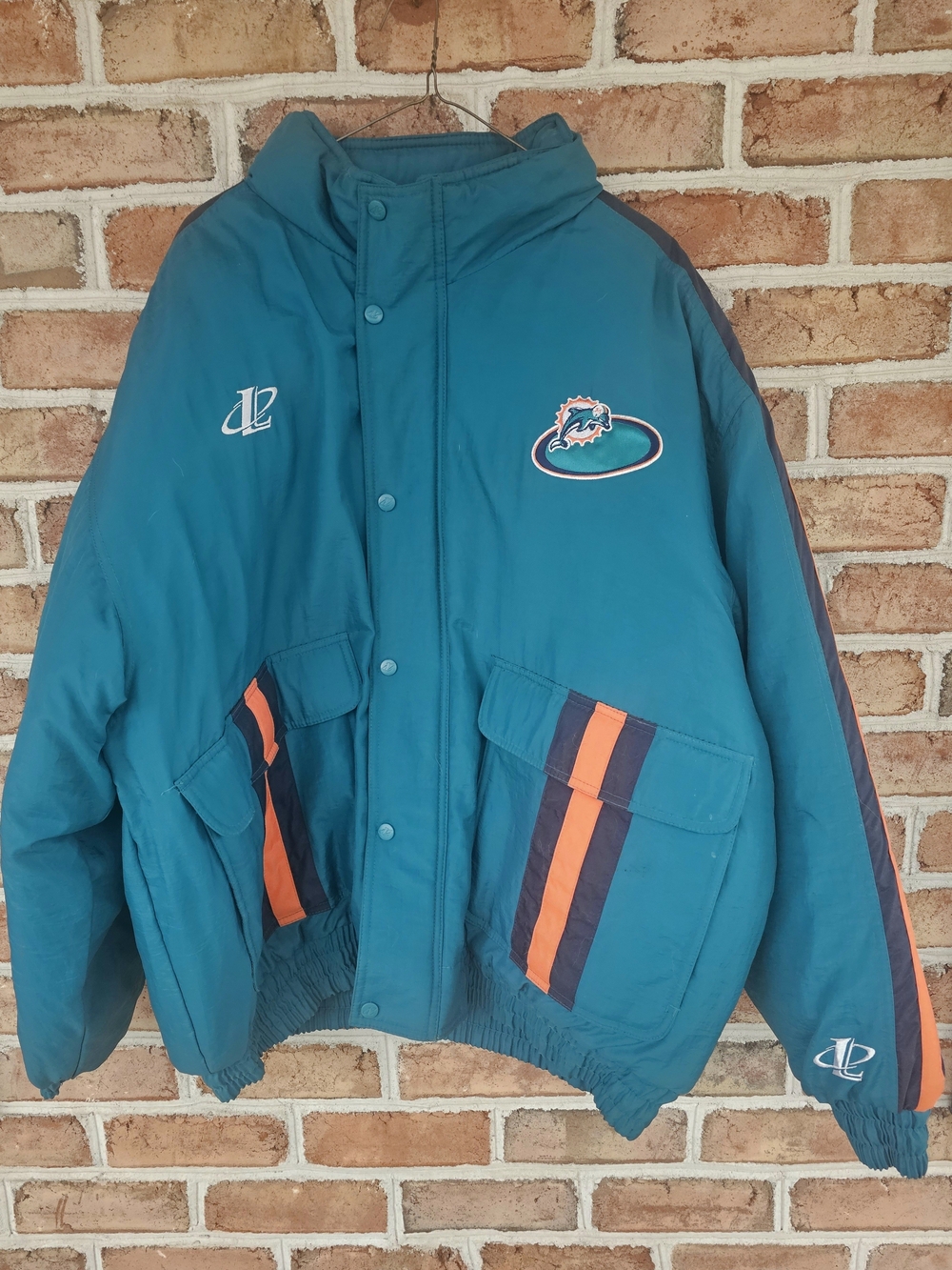 MIAMI DOLPHINS 2XNFL Teal Hooded Puffer Jacket with Orange & Navy Stripe Accents